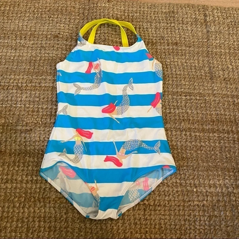 Mini Boden Mermaid striped Swimsuit girls 9-10Y cross-back